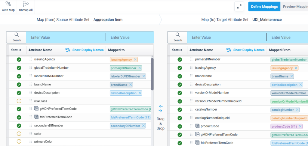 Attribute Mapping between source attributes and Innovit UDI Connector
