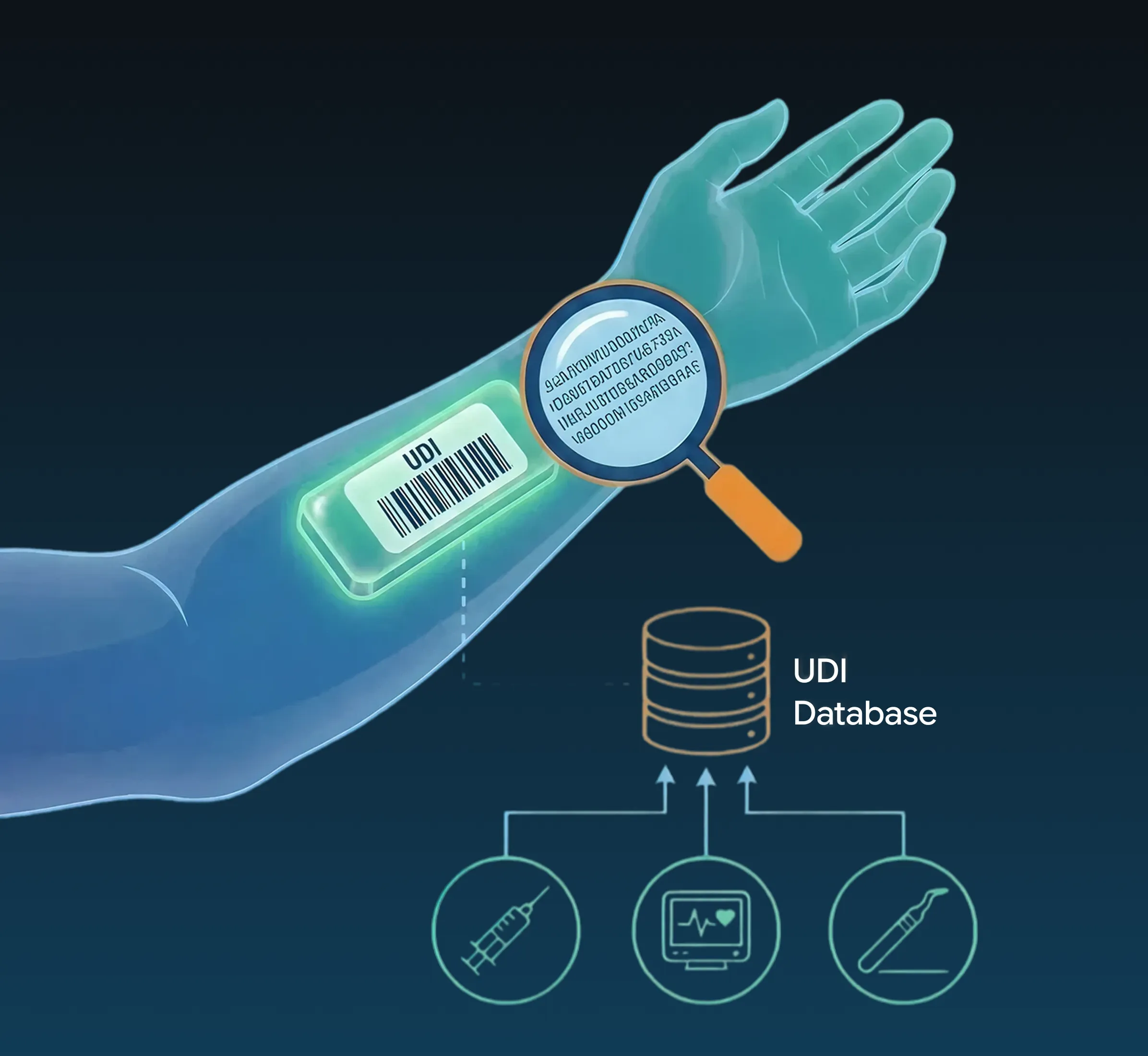 UDI barcode on a medical device linked to a central database for traceability.